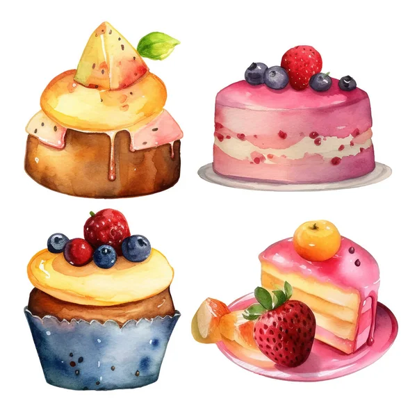 Cake Illustratie Geïsoleerde Aquarel Collectie Van Kleurrijke Heerlijke Desserts — Stockvector