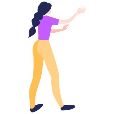 Kadın pozu. Genç bir kadın. Uzun, günlük giysiler giyiyor. Düz biçimli vektör illüstrasyonu