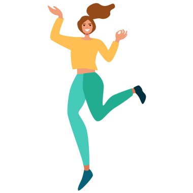 Kadın pozu. Genç bir kadın. Uzun, günlük giysiler giyiyor. Düz biçimli vektör illüstrasyonu