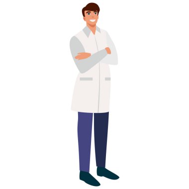 Tıp üniformalı bir doktor. Aile doktoru. Sağlık çalışanı, sağlık görevlisi. Beyaz arka planda izole edilmiş düz vektör çizimi.