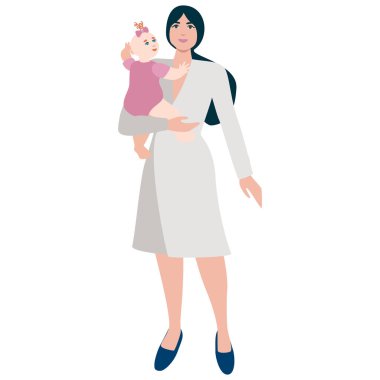 Bebeği kollarında tutan bir kadın. Hamilelik ve emzirme kavramı. Düz vektör çizimi beyaz arkaplanda izole edildi