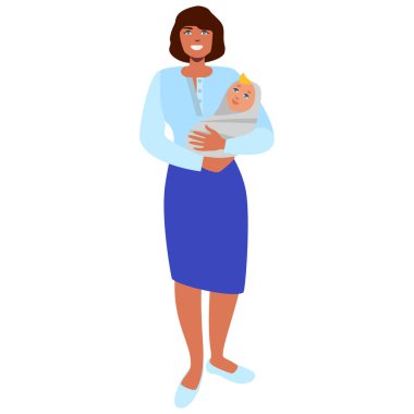 Bebeği kollarında tutan bir kadın. Hamilelik ve emzirme kavramı. Düz vektör çizimi beyaz arkaplanda izole edildi