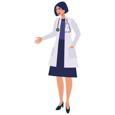 Steteskoplu kadın doktor. Tıp üniformalı bir doktor. Aile doktoru. Sağlık çalışanı, sağlık görevlisi. Beyaz arka planda izole edilmiş düz vektör çizimi.