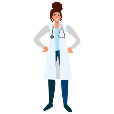 Steteskoplu kadın doktor. Tıp üniformalı bir doktor. Aile doktoru. Sağlık çalışanı, sağlık görevlisi. Beyaz arka planda izole edilmiş düz vektör çizimi.