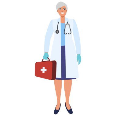 Steteskoplu kadın doktor. Tıp üniformalı bir doktor. Aile doktoru. Sağlık çalışanı, sağlık görevlisi. Beyaz arka planda izole edilmiş düz vektör çizimi.