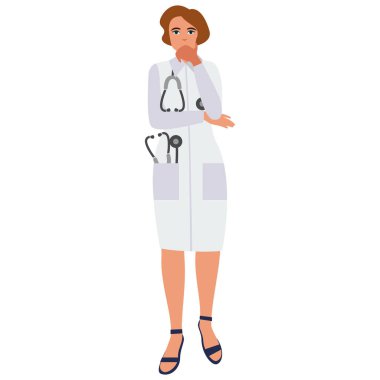 Steteskoplu kadın doktor. Tıp üniformalı bir doktor. Aile doktoru. Sağlık çalışanı, sağlık görevlisi. Beyaz arka planda izole edilmiş düz vektör çizimi.