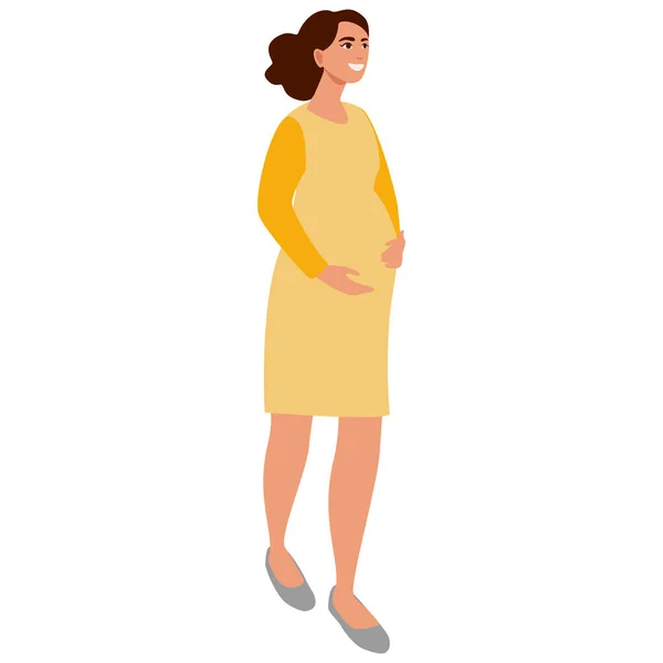 Беременная Женщина Желтом Платье Прекрасная Брюнетка Беременная Леди Счастливого Дня — стоковый вектор