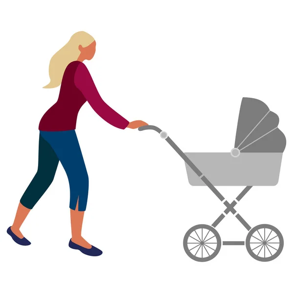 Mom Stroller Young Woman Walking Baby Baby Stroller Vector Flat — Stock Vector