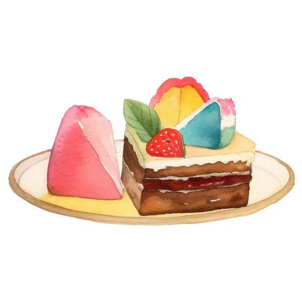 ケーキイラスト 色鮮やかでおいしいデザートの孤立した水彩画イラスト — ストックベクタ