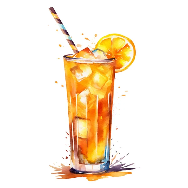 アイスとオレンジの水彩イラストで爽やかなドリンク 白地に描かれた手描きベクトルイラスト — ストックベクタ