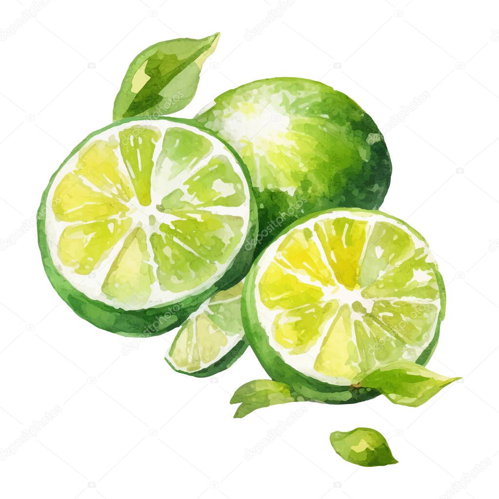 Watercolor Lime Illustration. Hand-drawn fresh food design element isolated on a white background.