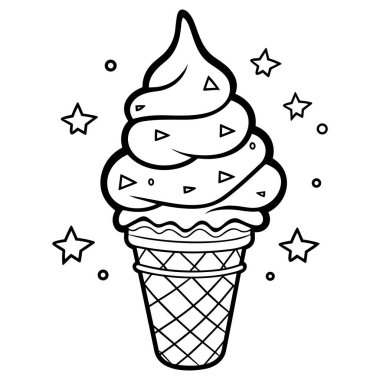 Dondurma koni siyah beyaz çizgi sanat simge. Yetişkinler ve çocuklar için boyama kitabı sayfası. Yaz lokanta vektör çizim hediye kartı, el ilanı, sertifika veya afiş, simge, logo, yama, etiket için