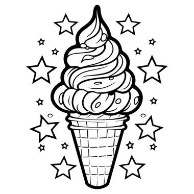 Dondurma koni siyah beyaz çizgi sanat simge. Yetişkinler ve çocuklar için boyama kitabı sayfası. Yaz lokanta vektör çizim hediye kartı, el ilanı, sertifika veya afiş, simge, logo, yama, etiket için