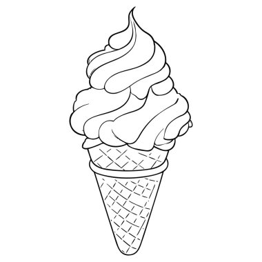 Dondurma koni siyah beyaz çizgi sanat simge. Yetişkinler ve çocuklar için boyama kitabı sayfası. Yaz lokanta vektör çizim hediye kartı, el ilanı, sertifika veya afiş, simge, logo, yama, etiket için