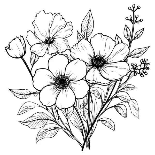 Květiny Linie Umění Vektorové Ilustrace Sada Izolované Bílém Květinová Kresba — Stockový vektor