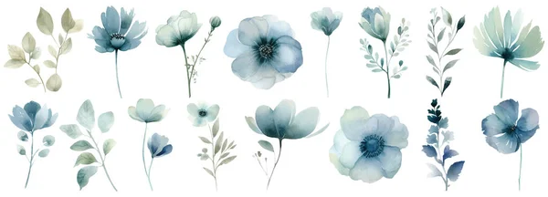 Acuarela Wildflower Collection Flores Hojas Azules Concepto Boda Las Flores — Vector de stock