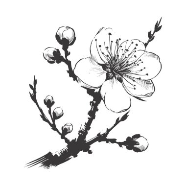 Kiraz çiçeği, botanik sanatı. Bahar bademi, sakura, elma ağacı dalı, el çizimi karalama vektörü çizimi. Güzel siyah mürekkep sanatı, beyaz arka planda izole edilmiş. Gerçekçi çiçek çiçeği çizimi