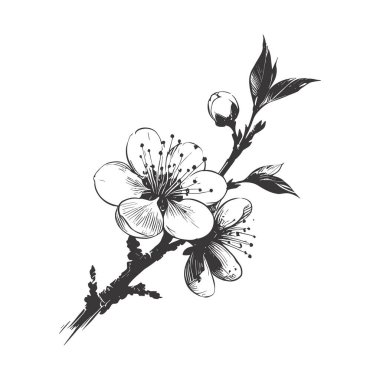 Kiraz çiçeği, botanik sanatı. Bahar bademi, sakura, elma ağacı dalı, el çizimi karalama vektörü çizimi. Güzel siyah mürekkep sanatı, beyaz arka planda izole edilmiş. Gerçekçi çiçek çiçeği çizimi