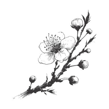 Kiraz çiçeği, botanik sanatı. Bahar bademi, sakura, elma ağacı dalı, el çizimi karalama vektörü çizimi. Güzel siyah mürekkep sanatı, beyaz arka planda izole edilmiş. Gerçekçi çiçek çiçeği çizimi