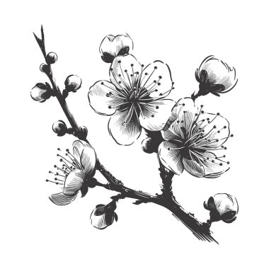 Kiraz çiçeği, botanik sanatı. Bahar bademi, sakura, elma ağacı dalı, el çizimi karalama vektörü çizimi. Güzel siyah mürekkep sanatı, beyaz arka planda izole edilmiş. Gerçekçi çiçek çiçeği çizimi