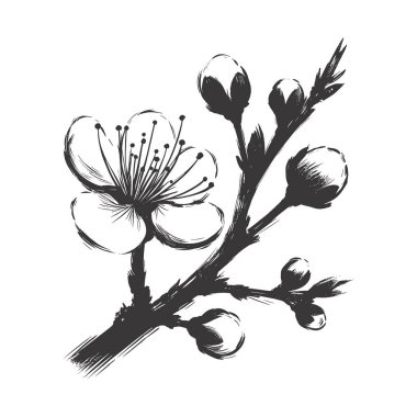 Kiraz çiçeği, botanik sanatı. Bahar bademi, sakura, elma ağacı dalı, el çizimi karalama vektörü çizimi. Güzel siyah mürekkep sanatı, beyaz arka planda izole edilmiş. Gerçekçi çiçek çiçeği çizimi