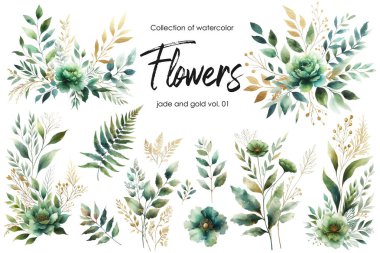 Beyaz arka planda suluboya çiçek ve yapraklar var. Elle boyanmış çiçekler, altın ve yeşim çiçeklerin yaprakları. Düğün davetiyesi, kart, tebrik kartı ya da davetiye. vektör koleksiyonu