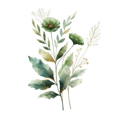 suluboya çiçekler ve beyaz arka planda yapraklar. Elle boyanmış çiçekler, altın ve yeşim çiçeklerin yaprakları. Düğün davetiyesi, kart, tebrik kartı ya da davetiye. vektör koleksiyonu