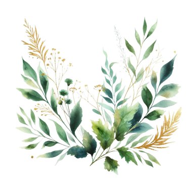 Beyaz arka planda suluboya yapraklar. Elle boyanmış çiçekler, altın ve yeşim çiçeklerin yaprakları. Düğün davetiyesi, kart, tebrik kartı ya da davetiye. vektör koleksiyonu