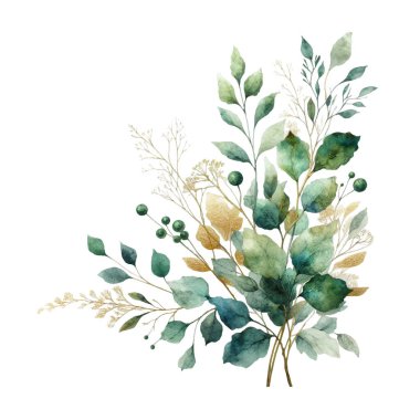 Beyaz arka planda suluboya yapraklar. Elle boyanmış çiçekler, altın ve yeşim çiçeklerin yaprakları. Düğün davetiyesi, kart, tebrik kartı ya da davetiye. vektör koleksiyonu