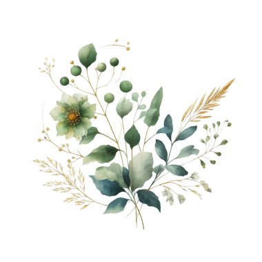 suluboya çiçekler ve beyaz arka planda yapraklar. Elle boyanmış çiçekler, altın ve yeşim çiçeklerin yaprakları. Düğün davetiyesi, kart, tebrik kartı ya da davetiye. vektör koleksiyonu