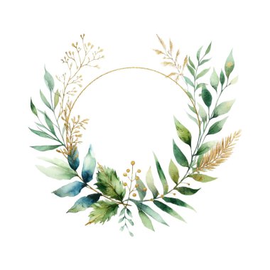 Beyaz arka planda suluboya yapraklar. Elle boyanmış çiçekler, altın ve yeşim çiçeklerin yaprakları. Düğün davetiyesi, kart, tebrik kartı ya da davetiye. vektör koleksiyonu