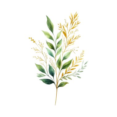 Beyaz arka planda suluboya yapraklar. Elle boyanmış çiçekler, altın ve yeşim çiçeklerin yaprakları. Düğün davetiyesi, kart, tebrik kartı ya da davetiye. vektör koleksiyonu