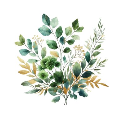 suluboya çiçekler ve beyaz arka planda yapraklar. Elle boyanmış çiçekler, altın ve yeşim çiçeklerin yaprakları. Düğün davetiyesi, kart, tebrik kartı ya da davetiye. vektör koleksiyonu
