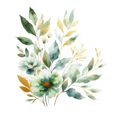 suluboya çiçekler ve beyaz arka planda yapraklar. Elle boyanmış çiçekler, altın ve yeşim çiçeklerin yaprakları. Düğün davetiyesi, kart, tebrik kartı ya da davetiye. vektör koleksiyonu