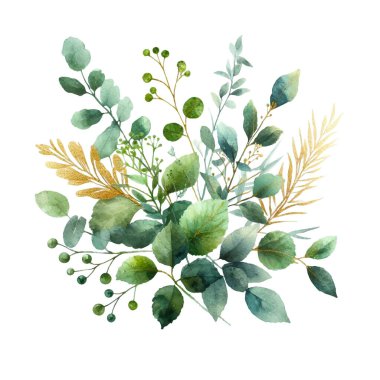 Beyaz arka planda suluboya yapraklar. Elle boyanmış çiçekler, altın ve yeşim çiçeklerin yaprakları. Düğün davetiyesi, kart, tebrik kartı ya da davetiye. vektör koleksiyonu