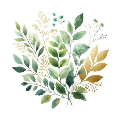 Beyaz arka planda suluboya yapraklar. Elle boyanmış çiçekler, altın ve yeşim çiçeklerin yaprakları. Düğün davetiyesi, kart, tebrik kartı ya da davetiye. vektör koleksiyonu