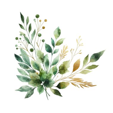 Beyaz arka planda suluboya yapraklar. Elle boyanmış çiçekler, altın ve yeşim çiçeklerin yaprakları. Düğün davetiyesi, kart, tebrik kartı ya da davetiye. vektör koleksiyonu