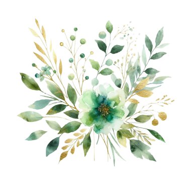 suluboya çiçekler ve beyaz arka planda yapraklar. Elle boyanmış çiçekler, altın ve yeşim çiçeklerin yaprakları. Düğün davetiyesi, kart, tebrik kartı ya da davetiye. vektör koleksiyonu