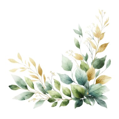 Beyaz arka planda suluboya yapraklar. Elle boyanmış çiçekler, altın ve yeşim çiçeklerin yaprakları. Düğün davetiyesi, kart, tebrik kartı ya da davetiye. vektör koleksiyonu