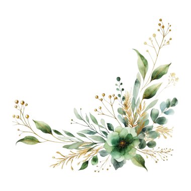 suluboya çiçekler ve beyaz arka planda yapraklar. Elle boyanmış çiçekler, altın ve yeşim çiçeklerin yaprakları. Düğün davetiyesi, kart, tebrik kartı ya da davetiye. vektör koleksiyonu