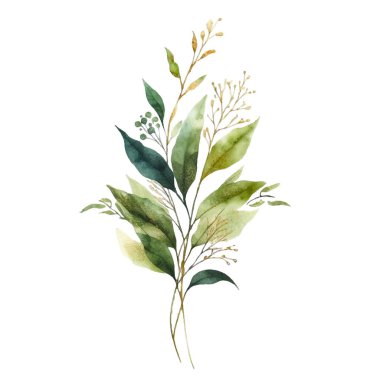 Beyaz arka planda suluboya yapraklar. Elle boyanmış çiçekler, altın ve yeşim çiçeklerin yaprakları. Düğün davetiyesi, kart, tebrik kartı ya da davetiye. vektör koleksiyonu