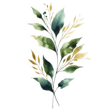 Beyaz arka planda suluboya yapraklar. Elle boyanmış çiçekler, altın ve yeşim çiçeklerin yaprakları. Düğün davetiyesi, kart, tebrik kartı ya da davetiye. vektör koleksiyonu