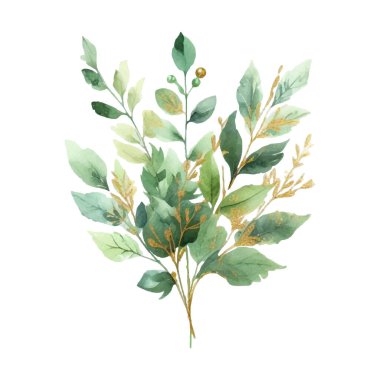 Beyaz arka planda suluboya yapraklar. Elle boyanmış çiçekler, altın ve yeşim çiçeklerin yaprakları. Düğün davetiyesi, kart, tebrik kartı ya da davetiye. vektör koleksiyonu