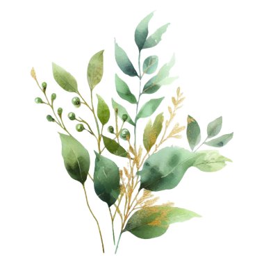 Beyaz arka planda suluboya yapraklar. Elle boyanmış çiçekler, altın ve yeşim çiçeklerin yaprakları. Düğün davetiyesi, kart, tebrik kartı ya da davetiye. vektör koleksiyonu