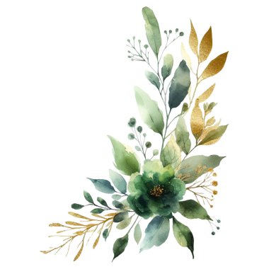 suluboya çiçekler ve beyaz arka planda yapraklar. Elle boyanmış çiçekler, altın ve yeşim çiçeklerin yaprakları. Düğün davetiyesi, kart, tebrik kartı ya da davetiye. vektör koleksiyonu