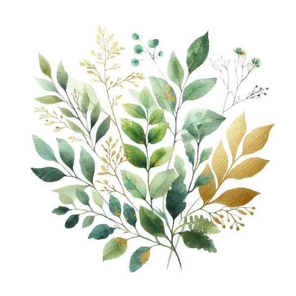 Beyaz arka planda suluboya yapraklar. Elle boyanmış çiçekler, altın ve yeşim çiçeklerin yaprakları. Düğün davetiyesi, kart, tebrik kartı ya da davetiye. vektör koleksiyonu