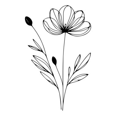 Bir çiçeğin saplı basit siyah beyaz çizimi