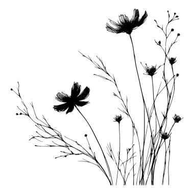 Kır çiçeklerinin siyah beyaz çizimi