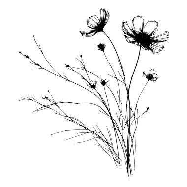 Tek bir çiçek sapının siyah beyaz çizimi