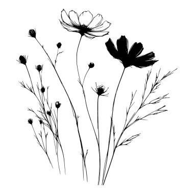 Kır çiçeklerinin basit siyah beyaz çizimi